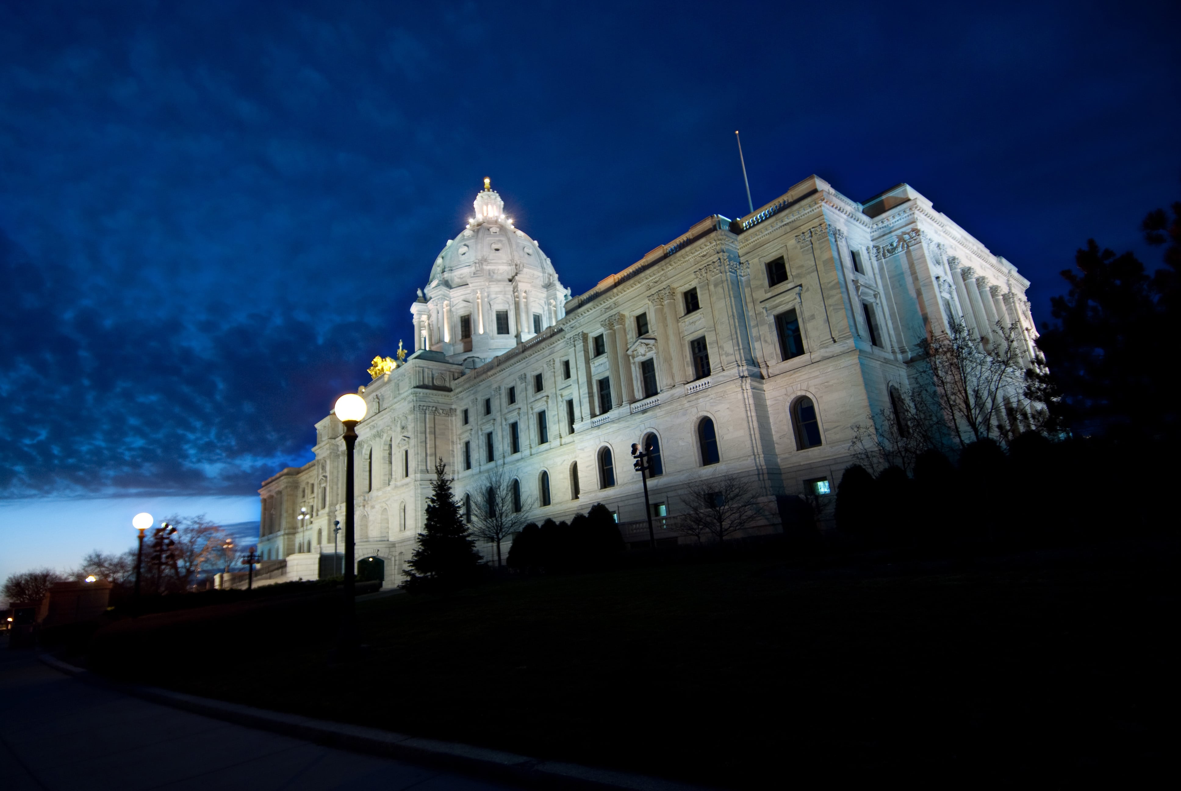 Dramatic night photograph of the Minnesota State Capitol building